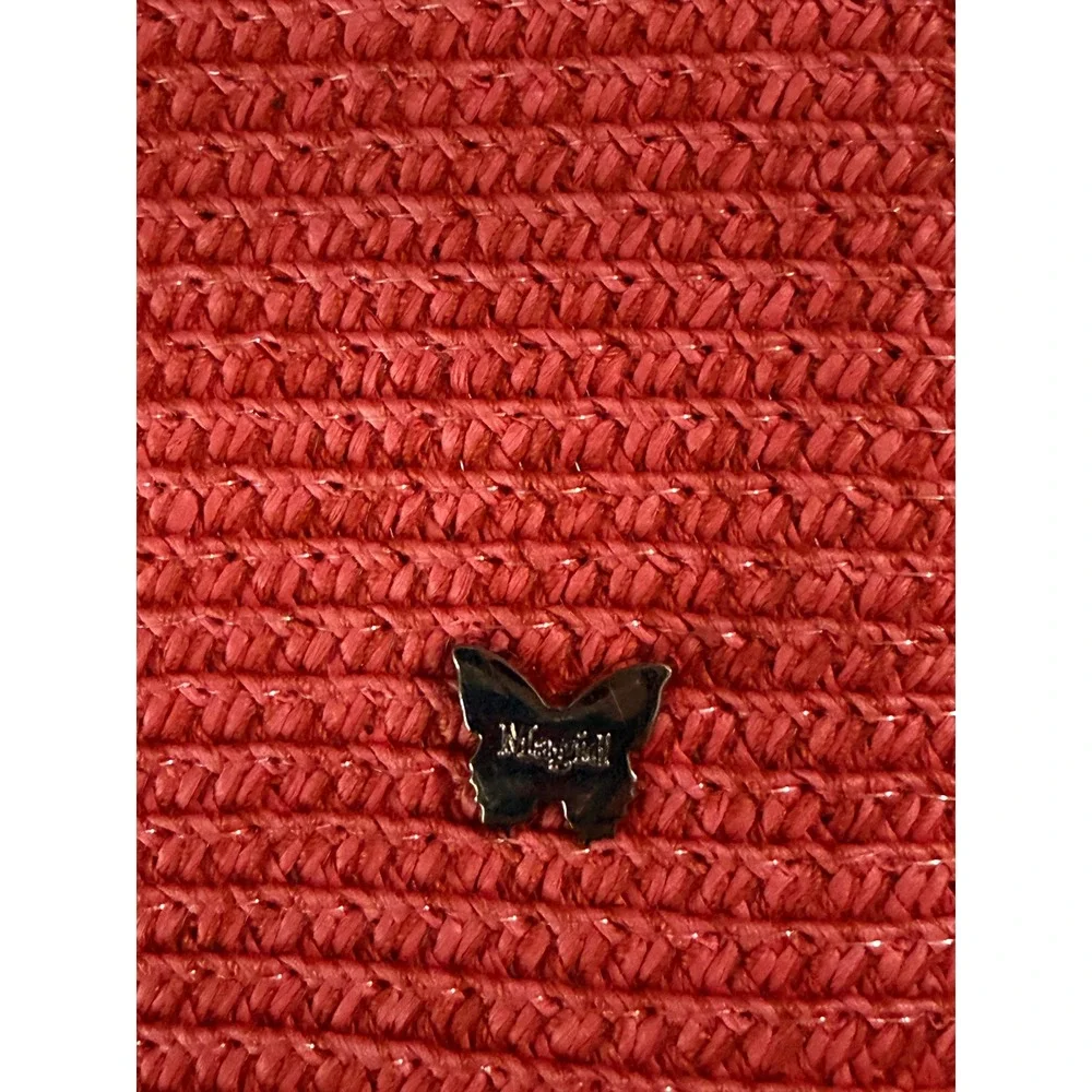 Magid Red Cream Woven Straw Wristlet Clutch Bag Butterfly Logo Shimmer